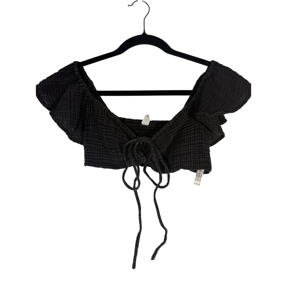 Anthropologie Daily Practice Black Smocked Ruffle Crop Top Tie Front Blouse S